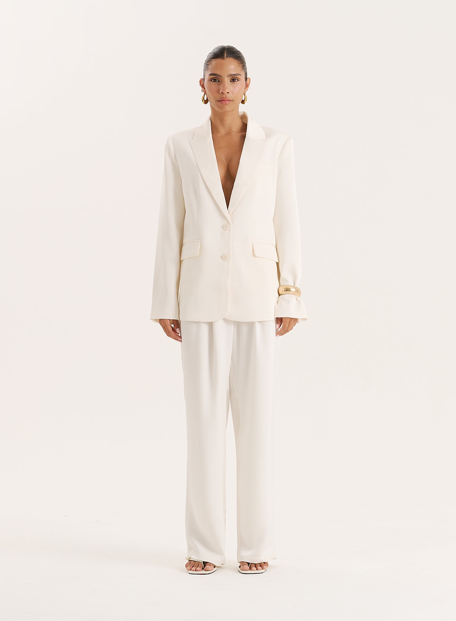Cream Satin Tailored Straight Leg Trousers